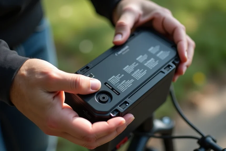 Gros plan sur l'inspection d'une batterie de vélo électrique pour évaluer sa capacité et ses performances