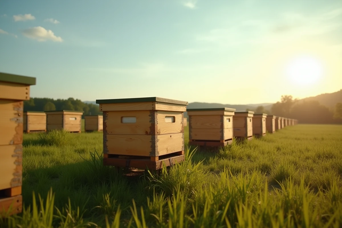 Ruches en bois alignées dans un champ ensoleillé avec ciel bleu en arrière-plan