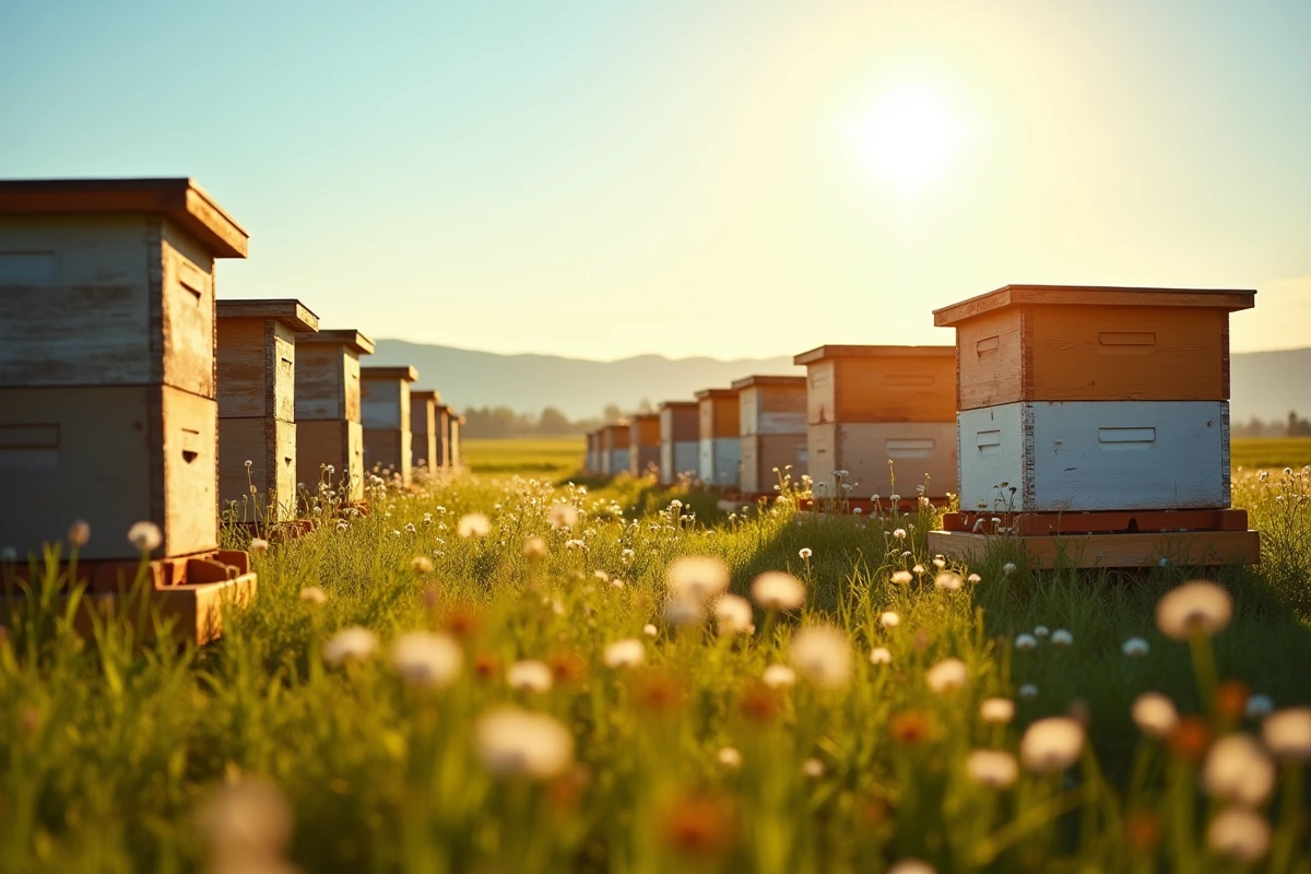 Ruches en bois installées dans un champ avec fleurs sauvages en plein soleil