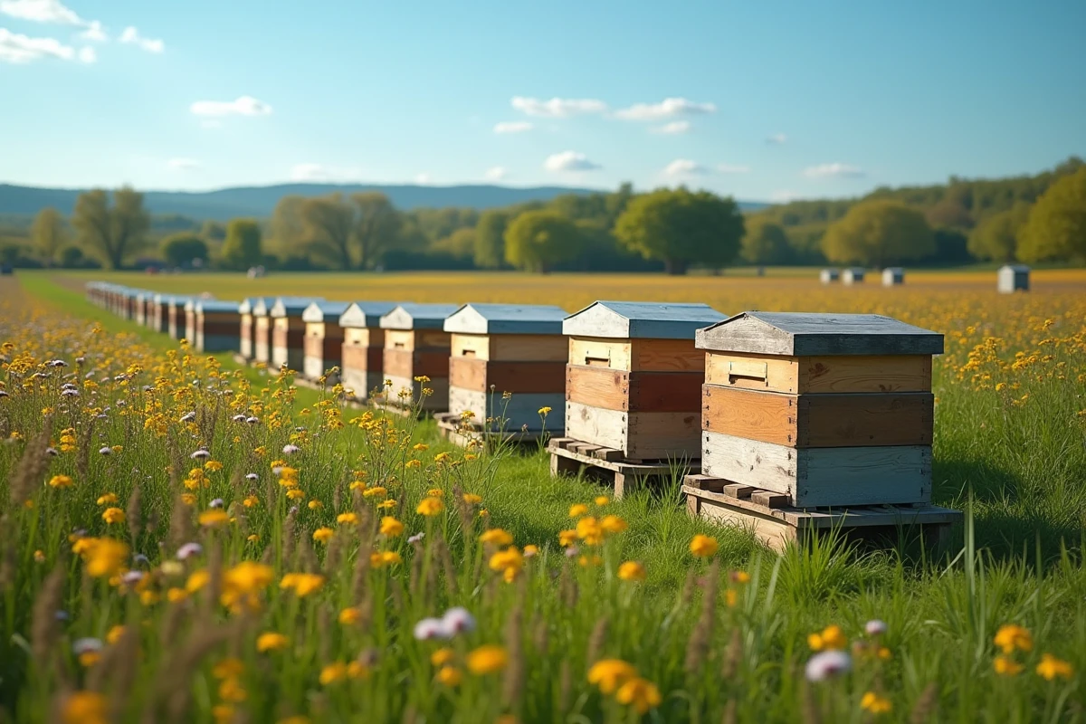 Ruches en bois disposées dans un rucher au printemps avec fleurs sauvages