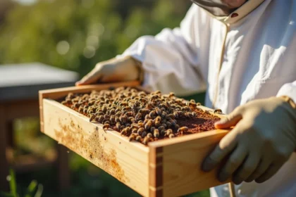 Apiculteur en tenue protectrice manipulant un cadre de ruche couvert d'abeilles