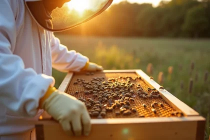 Apiculteur en tenue de protection inspectant un cadre de ruche rempli d'abeilles
