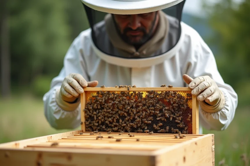 Apiculteur inspectant un cadre de ruche rempli d'abeilles en habit de protection blanc