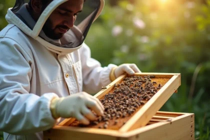 Apiculteur inspectant un cadre de ruche rempli d'abeilles en costume blanc