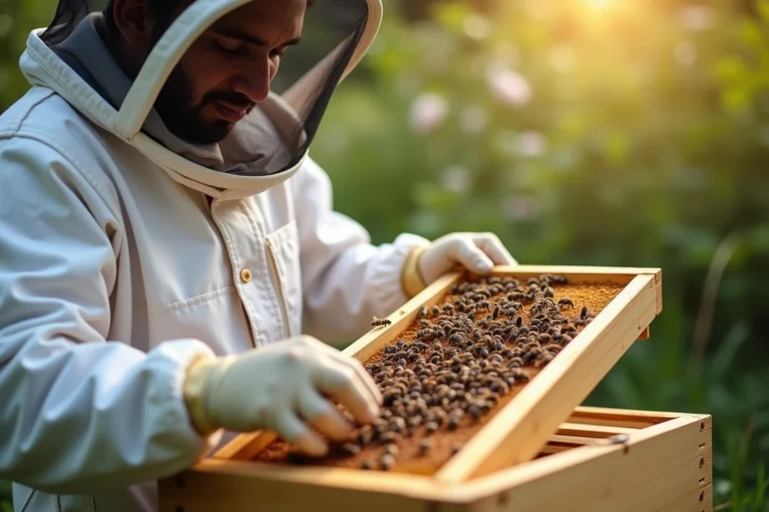 Apiculteur inspectant un cadre de ruche rempli d'abeilles en costume blanc
