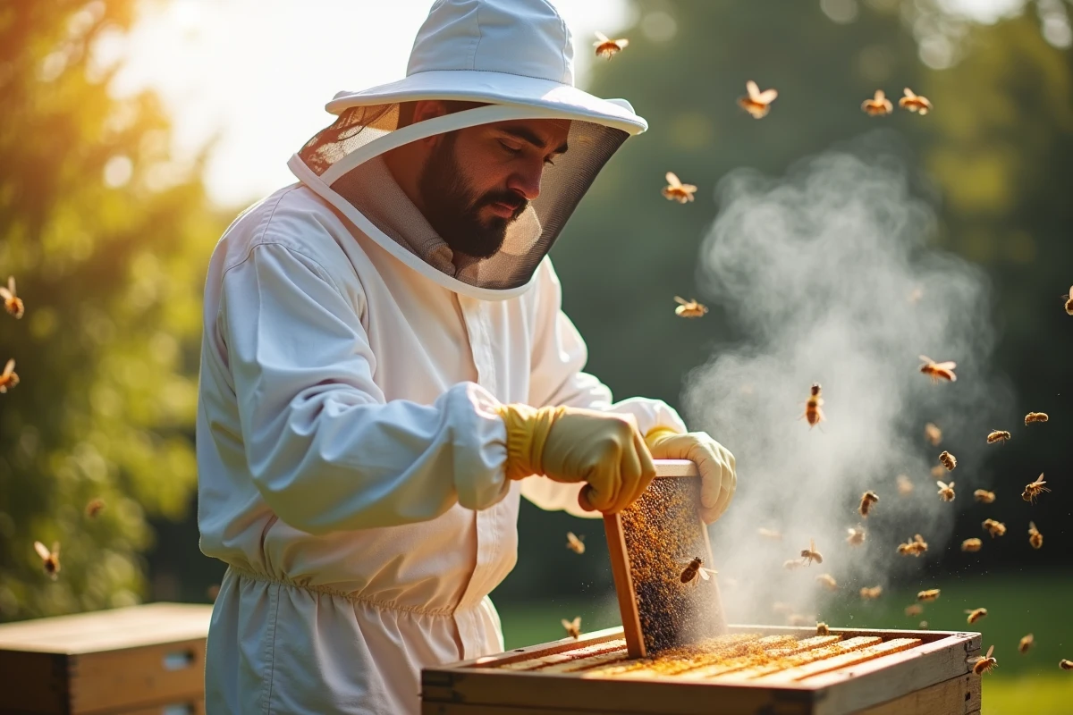 Apiculteur débutant avec enfumoir pratiquant l'enfumage à côté d'une ruche ouverte