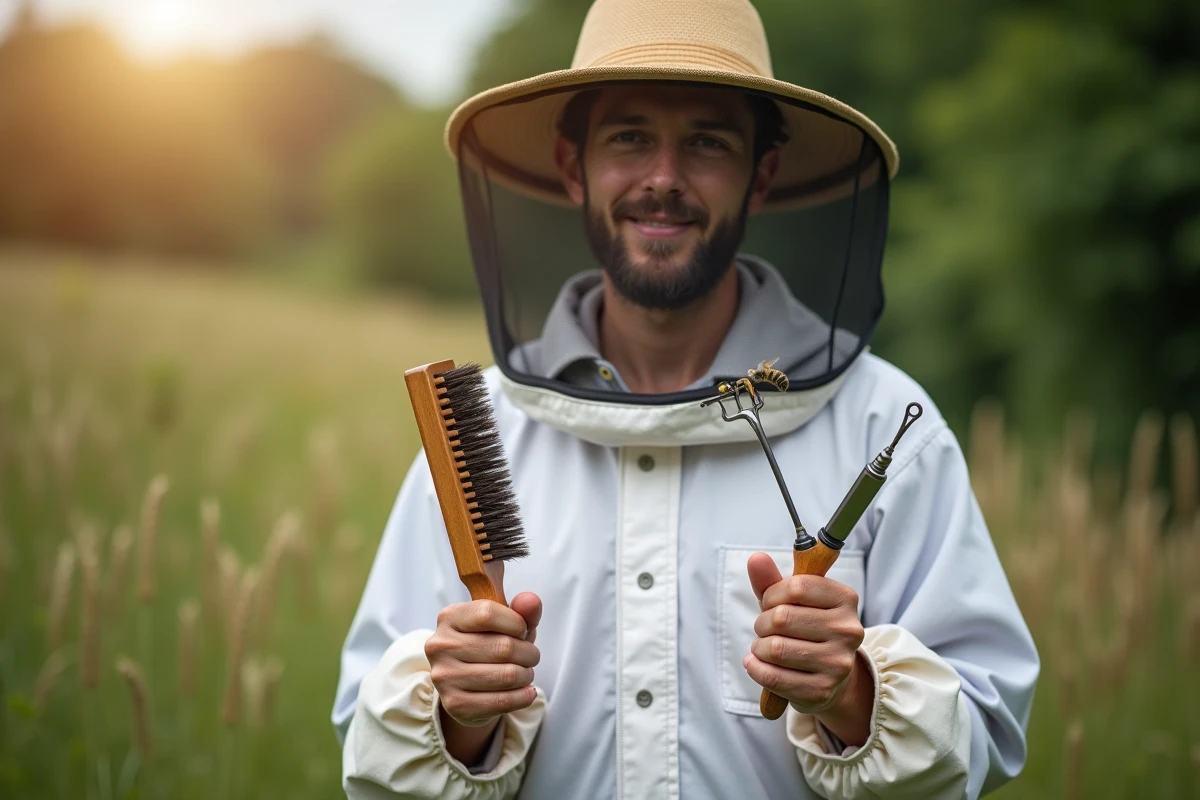 Apiculteur débutant présentant les outils essentiels de l'apiculture