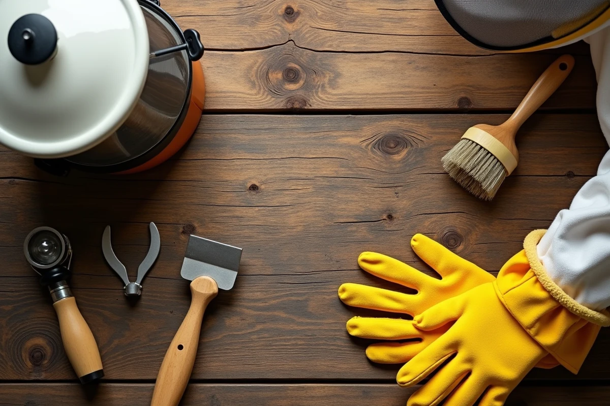 Outils d'apiculture essentiels disposés sur une table en bois, vue de dessus