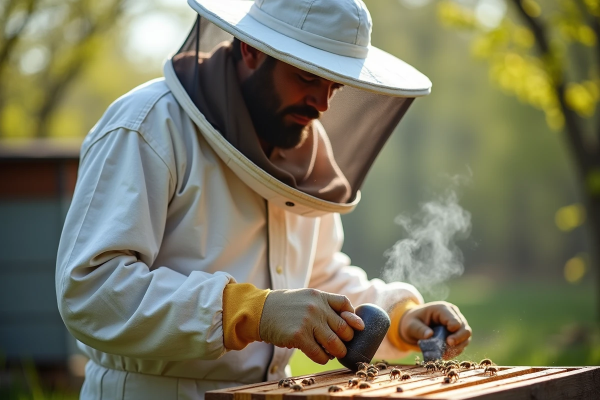 Apiculteur débutant en combinaison de protection utilisant un enfumoir près d'une ruche
