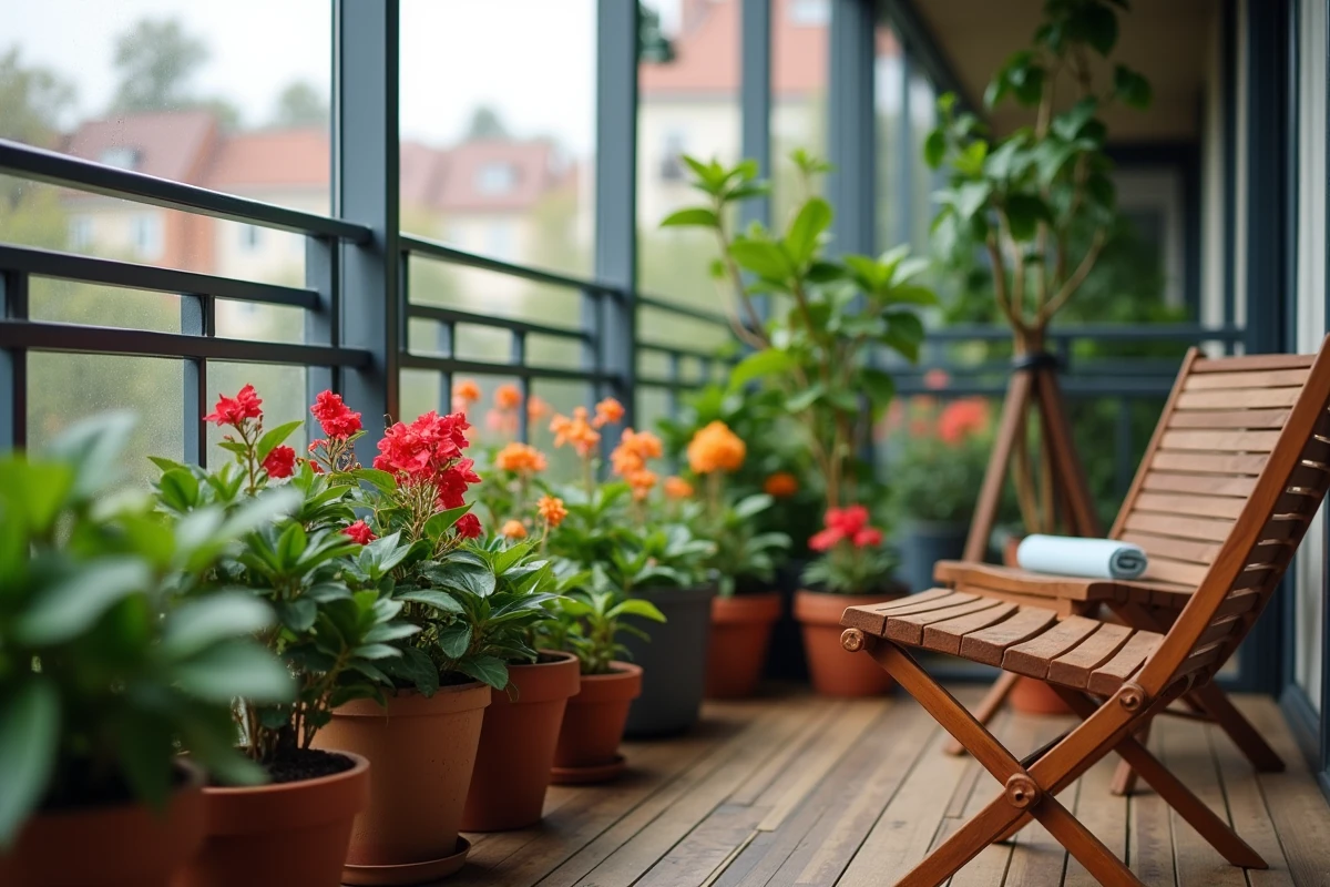 Bégonias et plantes d'ombre arrangés sur balcon nord avec mobilier en bois