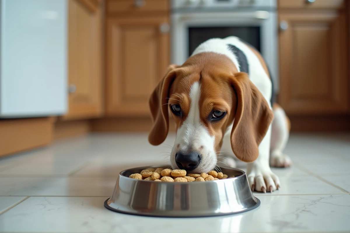 Un beagle mange tranquillement dans sa gamelle en inox contenant des croquettes mélangées à de la levure de bière