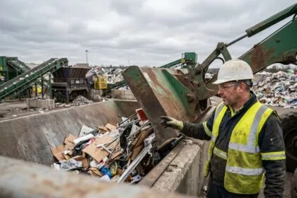 Ouvrier industriel supervisant une benne compactrice de déchets sur un site de gestion des déchets industriels
