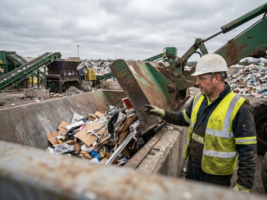 Ouvrier industriel supervisant une benne compactrice de déchets sur un site de gestion des déchets industriels
