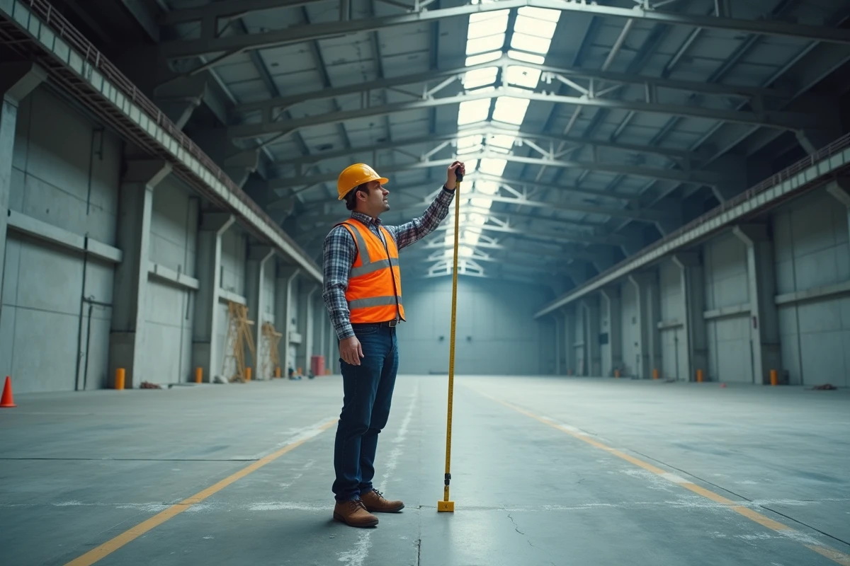 Ingénieur mesurant la hauteur sous plafond à l'intérieur d'un vaste entrepôt industriel vide avec charpente métallique apparente