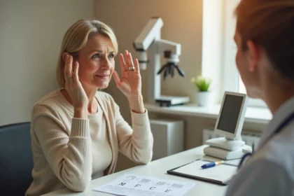 femme d'âge moyen consultant un audiologiste pour bilan auditif à Yerres, assistant médical montrant résultats de test auditif