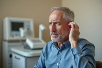 Homme d'âge moyen en consultation chez un audiologiste à Yerres, tenant son oreille avec une expression de préoccupation dans une clinique auditive moderne