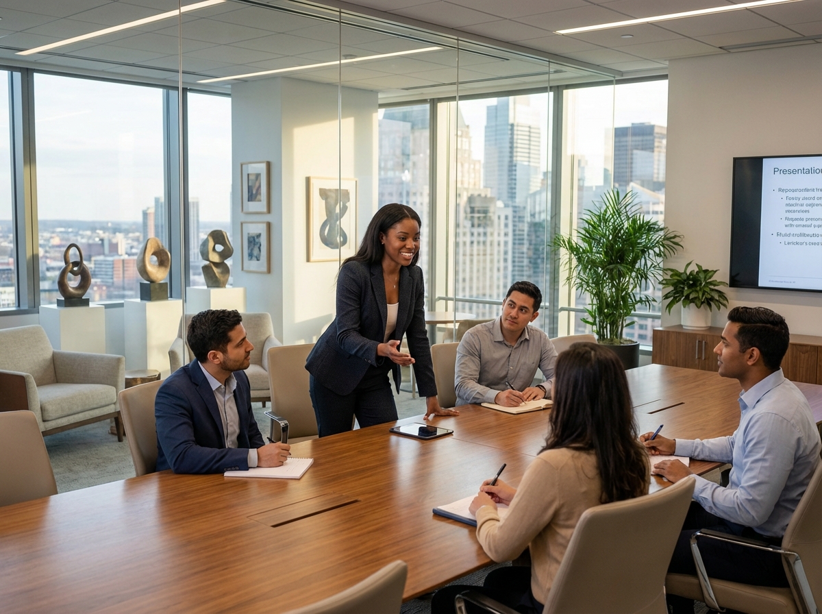 Femme souriante lors d'une réunion sur le bilan social