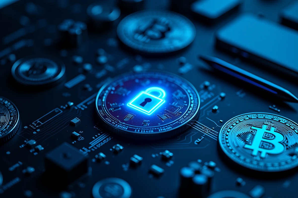 Composition blockchain avec pièces bitcoin, plaque circuit et cadenas numérique luminescent