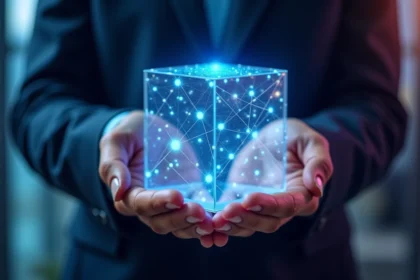Mains tenant un cube numérique transparent avec des nœuds de blockchain interconnectés brillants