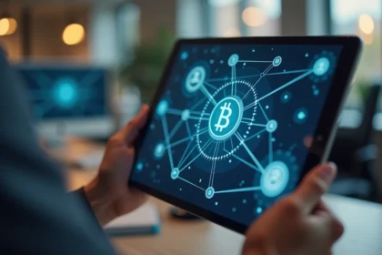 Mains tenant une tablette affichant un diagramme de réseau blockchain avec des nœuds interconnectés