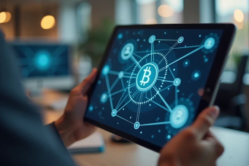 Mains tenant une tablette affichant un diagramme de réseau blockchain avec des nœuds interconnectés