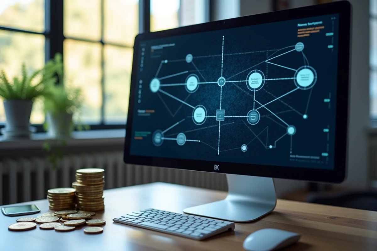 Écran d'ordinateur affichant un diagramme de réseau blockchain avec des blocs interconnectés et des pièces de cryptomonnaie