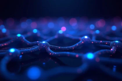 Visualisation de réseau blockchain avec nœuds interconnectés et chaînes numériques brillantes en bleu et violet