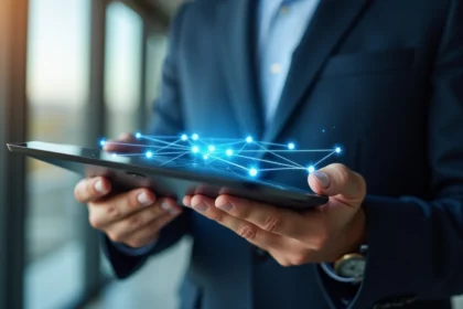 Homme d'affaires tenant une tablette numérique affichant un réseau blockchain avec des nœuds interconnectés et des liens lumineux