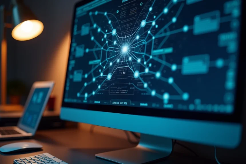 Écran d'ordinateur affichant une visualisation de réseau blockchain avec des nœuds interconnectés et des chaînes numériques