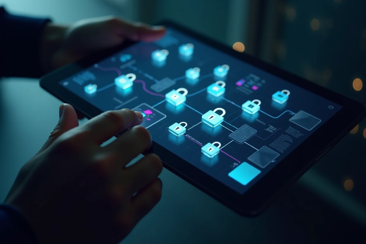 Explication visuelle de la blockchain sur une tablette numérique montrant des blocs connectés et sécurisés