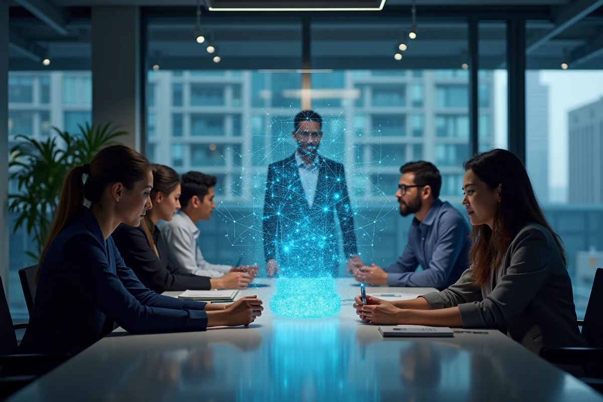 Équipe professionnelle travaillant ensemble autour d'une visualisation holographique de blockchain en technologie d'affichage