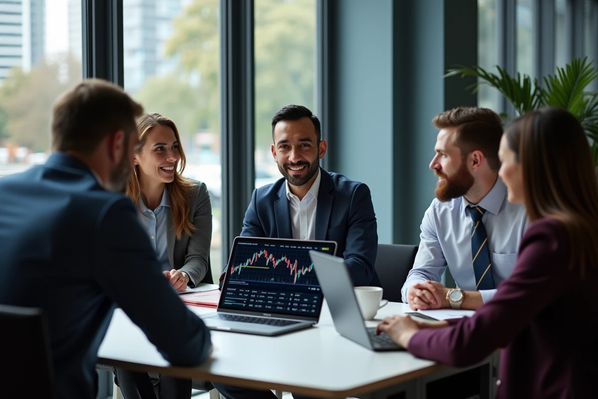 Équipe d'experts discutant de technologie blockchain autour d'un ordinateur portable en réunion professionnelle