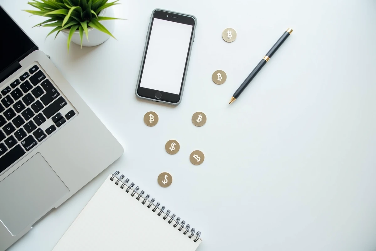 Disposition à plat d'icônes technologiques représentant la cryptomonnaie et la blockchain sur un bureau blanc avec ordinateur portable et téléphone
