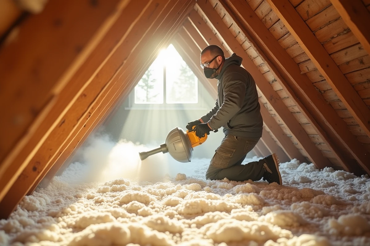 Application d'isolation soufflée cellulose dans les combles avec équipement professionnel