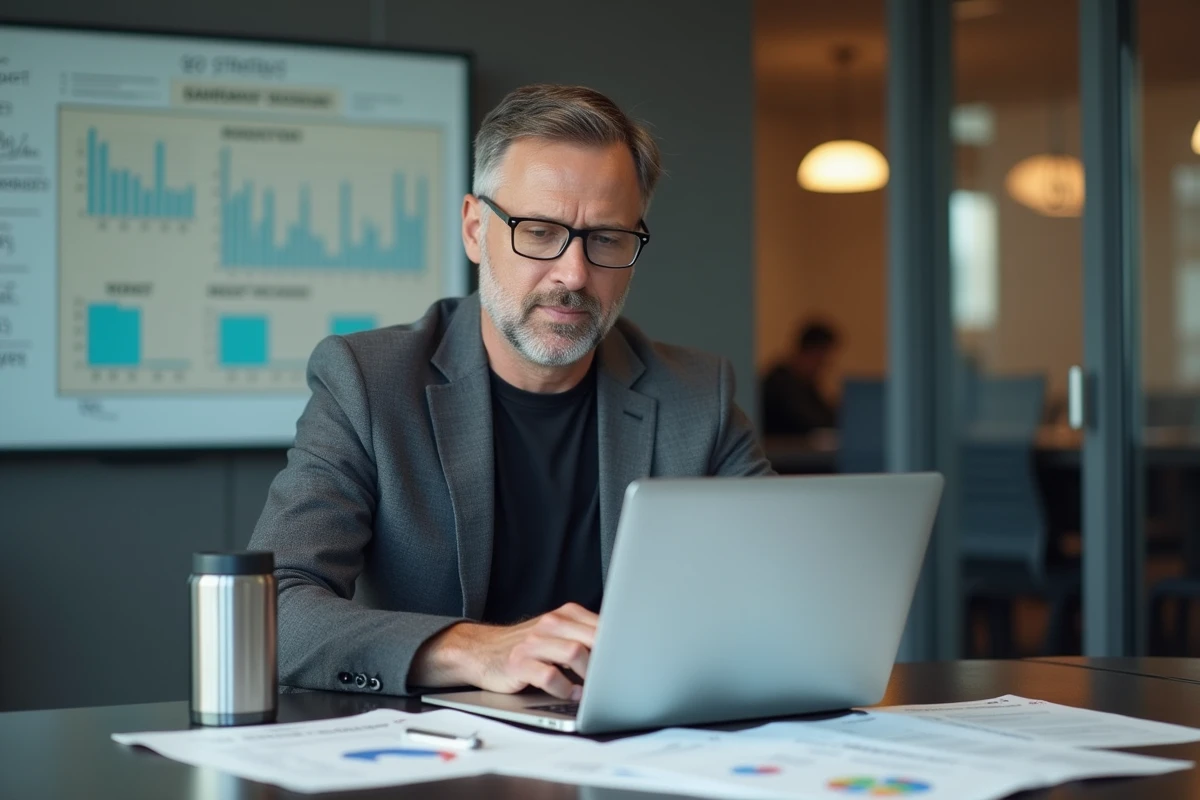 Consultant SEO préparant une campagne de netlinking avec Boosterlink en salle de réunion