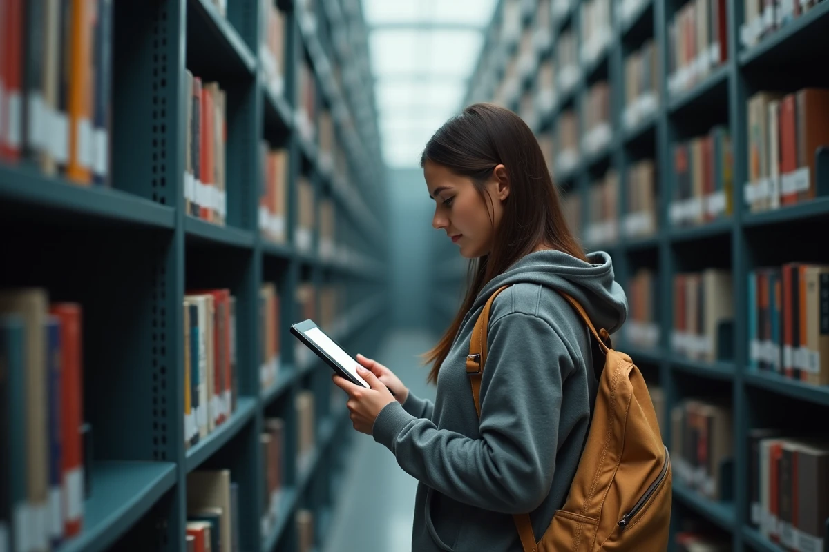 Une étudiante tenant une liseuse BOOX Palma 2 dans une allée de bibliothèque universitaire