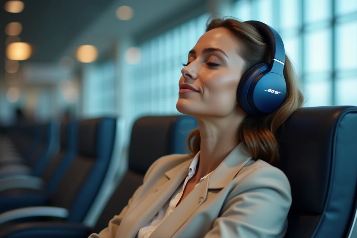 Femme portant un casque Bose QuietComfort Ultra dans un salon d'aéroport moderne avec réduction de bruit active
