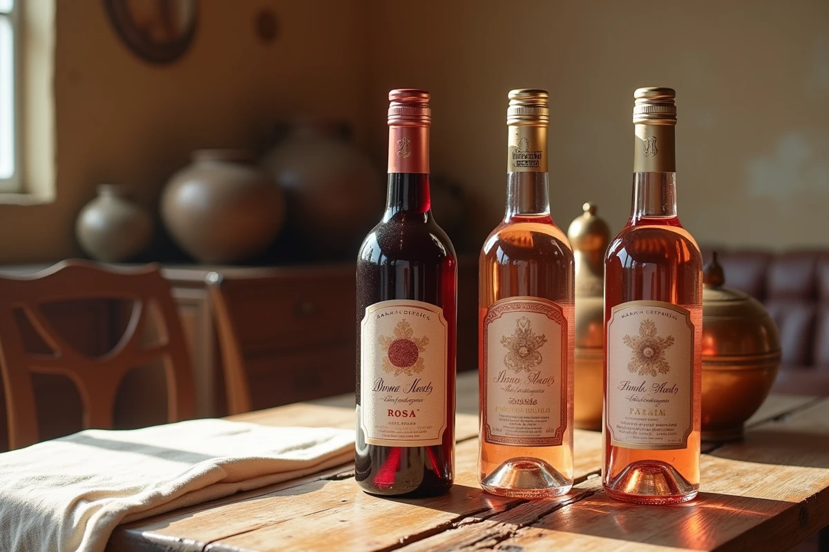 Sélection de trois bouteilles de vin marocain présentées sur table en bois rustique