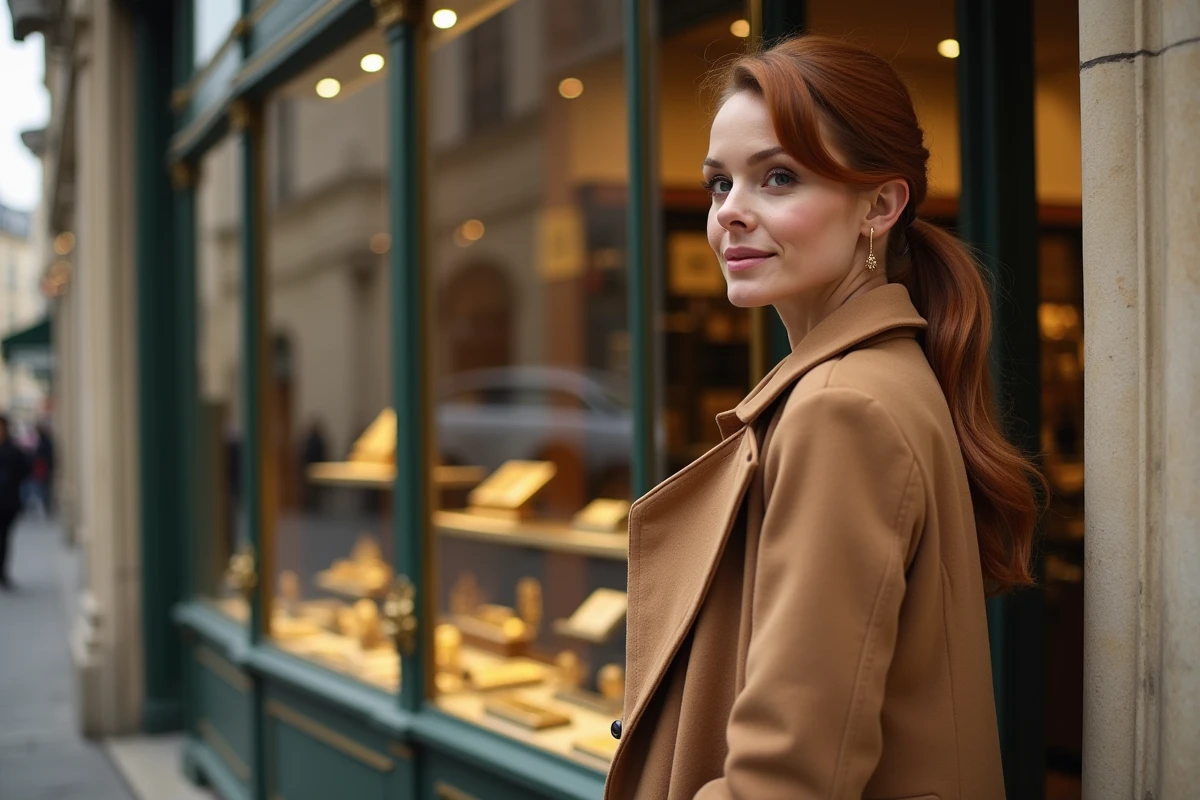 Femme consultant une boutique de vente d'or à Paris avant d'acheter