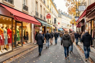 Rue commerçante animée de Corbeil-Essonnes avec boutiques de vêtements et passants