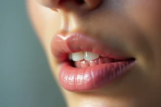 Bouton de fièvre sur la lèvre d'une femme, gros plan médical réaliste