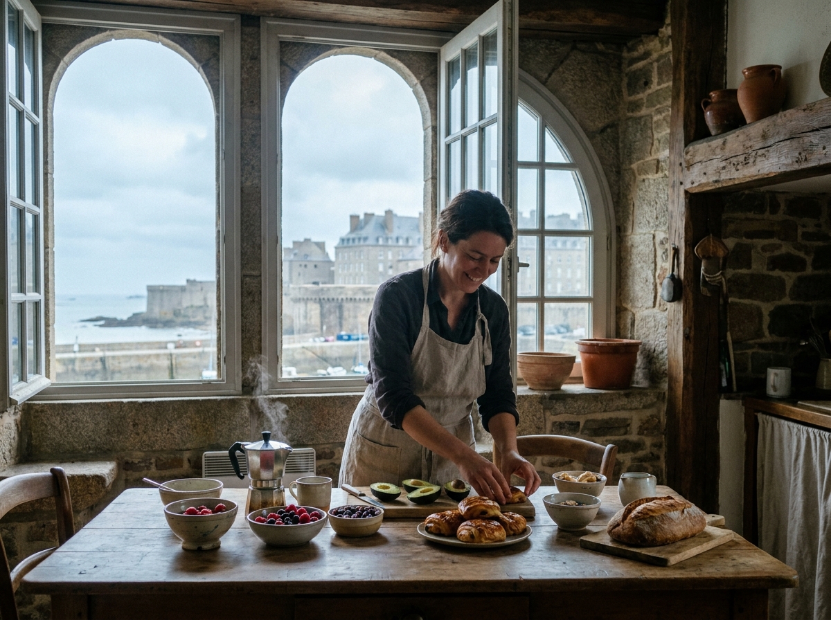 Personne préparant un brunch dans une cuisine côtière avec vue sur les remparts de Saint-Malo