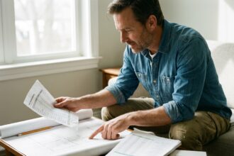 Homme construisant son budget de maison moderne à Saint-Grégoire avec devis et plans architecturaux sur table en bois