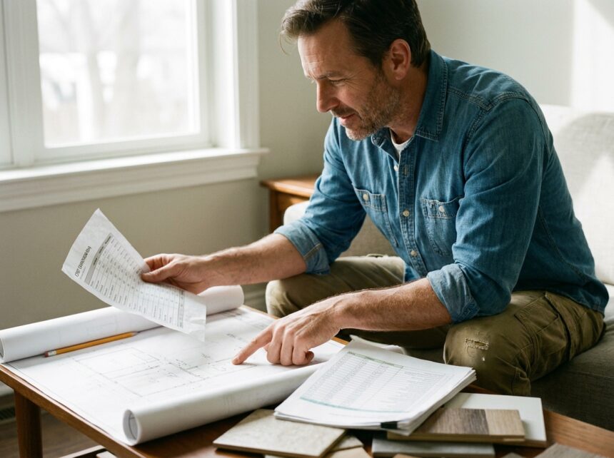 Homme construisant son budget de maison moderne à Saint-Grégoire avec devis et plans architecturaux sur table en bois