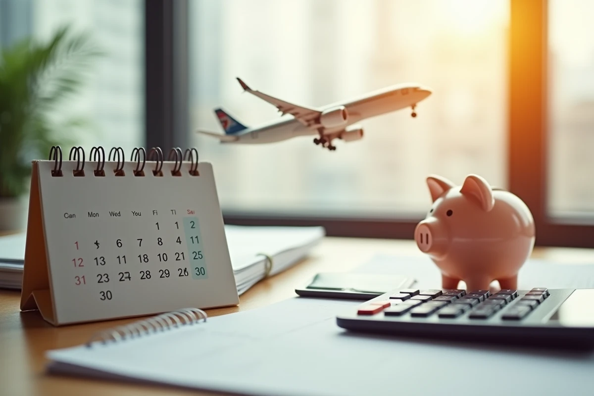 Composition avec petit avion, calendrier, tirelire et calculatrice pour planifier ses économies sur les billets d'avion