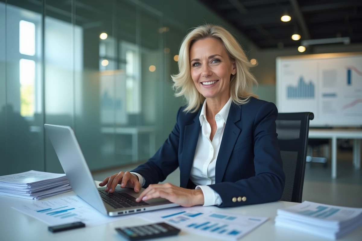 Analyste financière examinant des tableaux de budget pour un projet immobilier industriel dans un bureau moderne