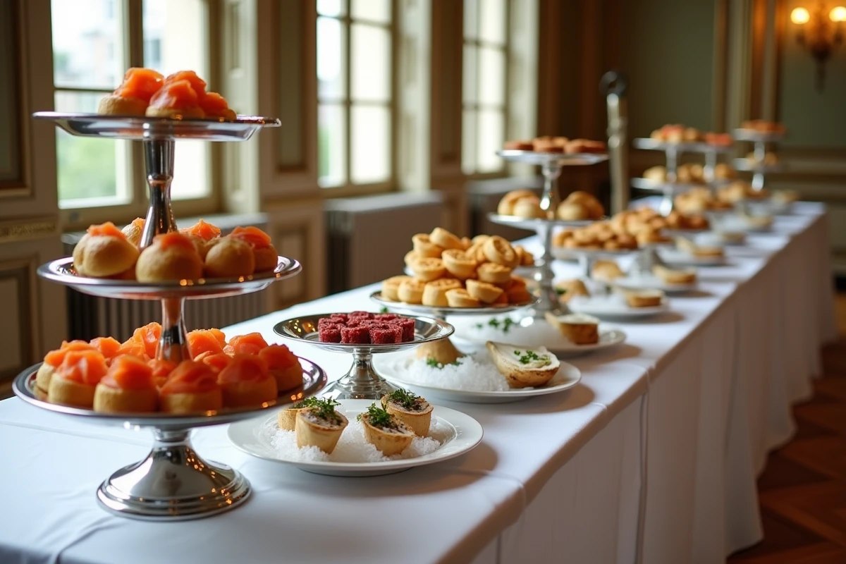 Buffet traiteur gastronomique dressé dans une salle de réception parisienne avec moulures et parquet, présentation luxueuse de mets raffinés
