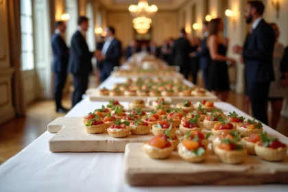 Buffet traiteur BtoB élégant pour événement d'entreprise à Paris avec canapés et verrines gastronomiques
