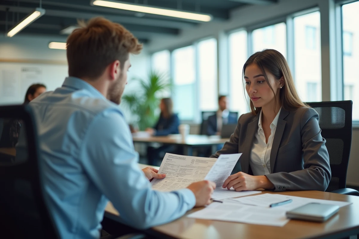 Agent école de conduite présentant programme permis accéléré et documents administratifs