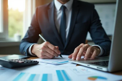 Homme d'affaires analysant des documents financiers et des graphiques d'investissement avec calculatrice et ordinateur portable